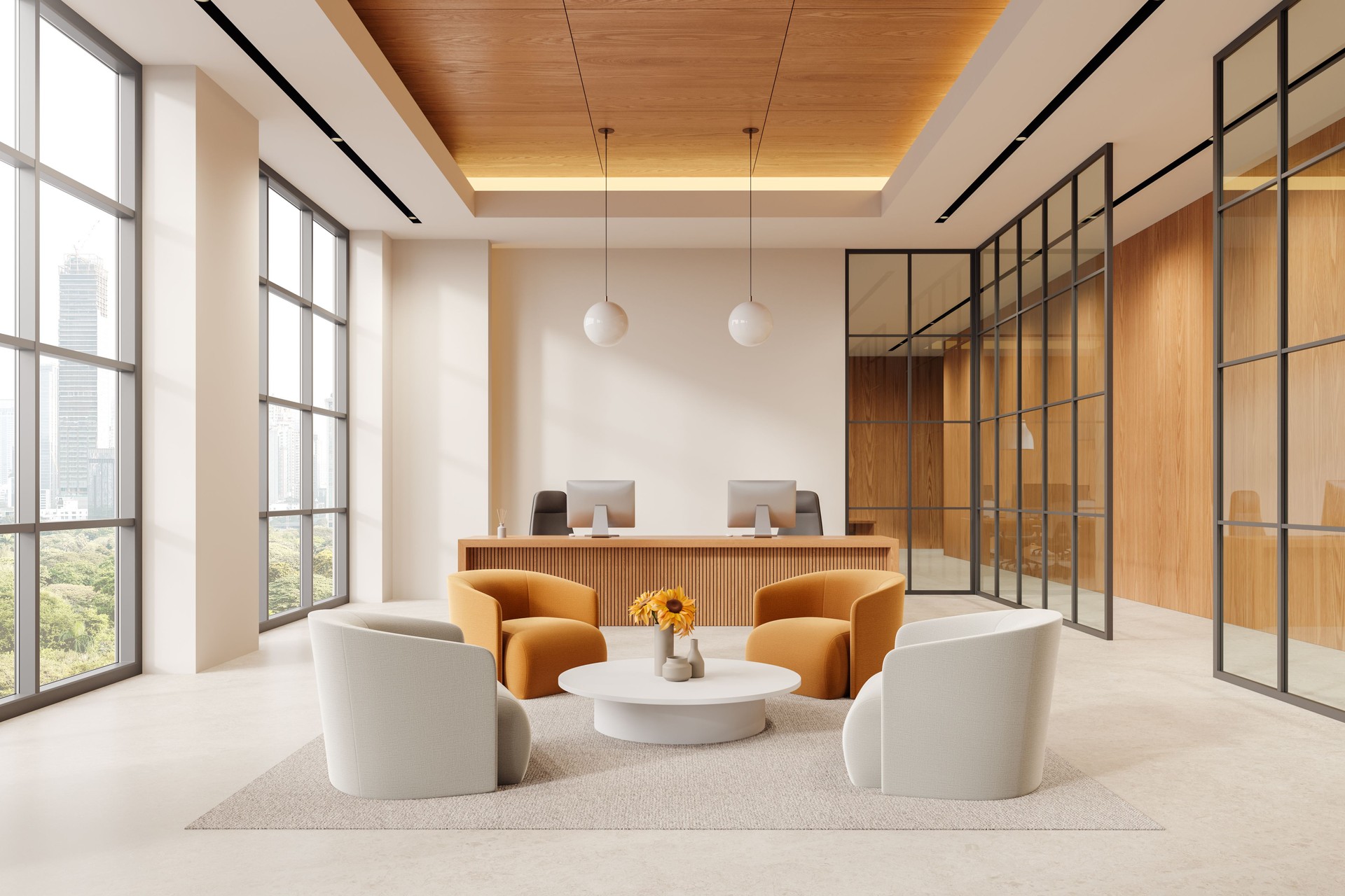 Glass reception interior with waiting zone and work desk, panoramic window